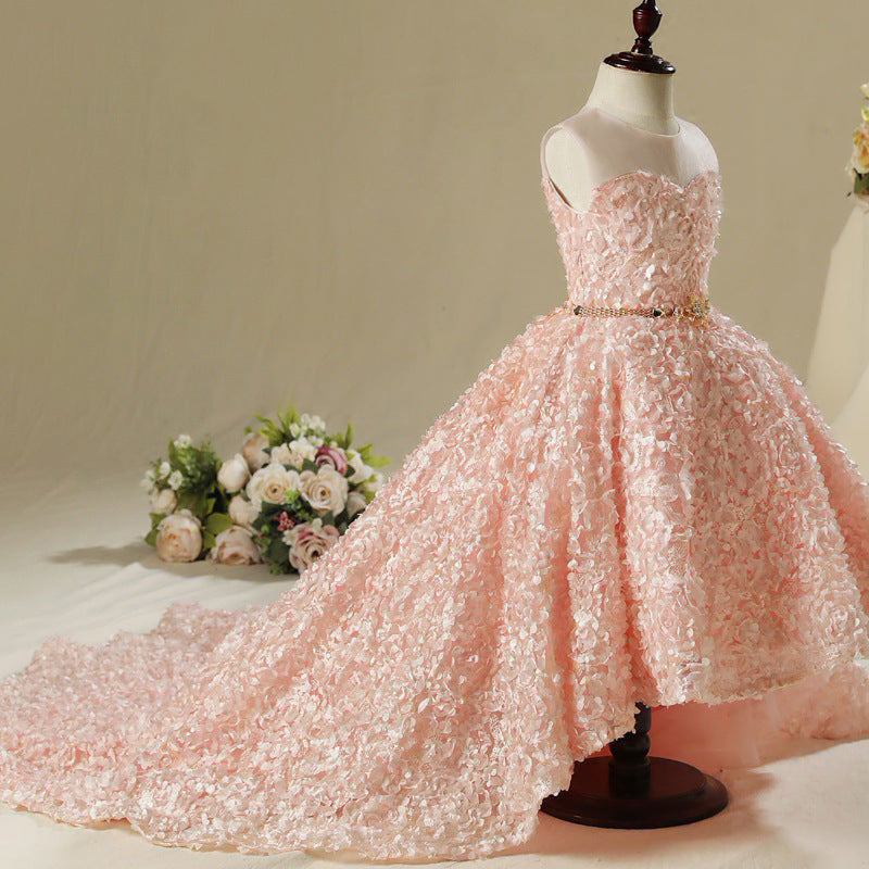 Pink A-Line Floor-Length Lace Flower Girl Dress
