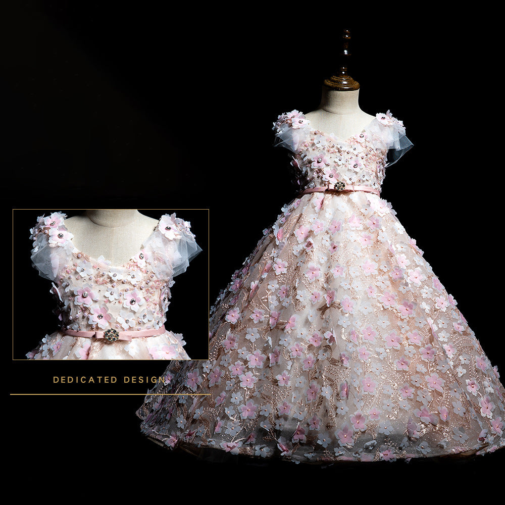 Pink A-Line Floor-Length Lace Flower Girl Dress