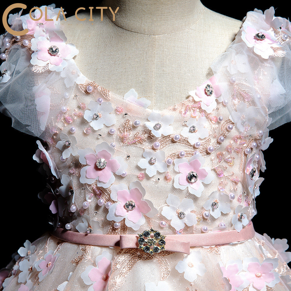 Pink A-Line Floor-Length Lace Flower Girl Dress