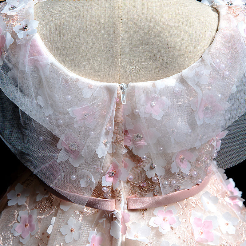 Pink A-Line Floor-Length Lace Flower Girl Dress