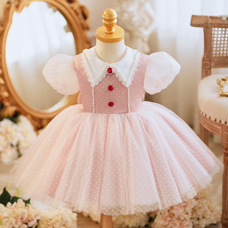 Pink A-Line Flower Girl Dress - Collared, Polka Dot Tulle