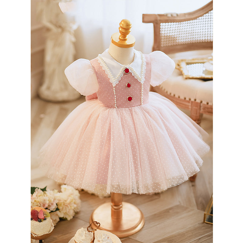 Pink A-Line Flower Girl Dress - Collared, Polka Dot Tulle