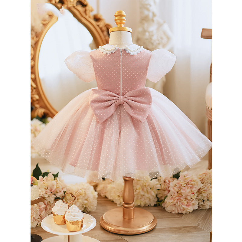 Pink A-Line Flower Girl Dress - Collared, Polka Dot Tulle