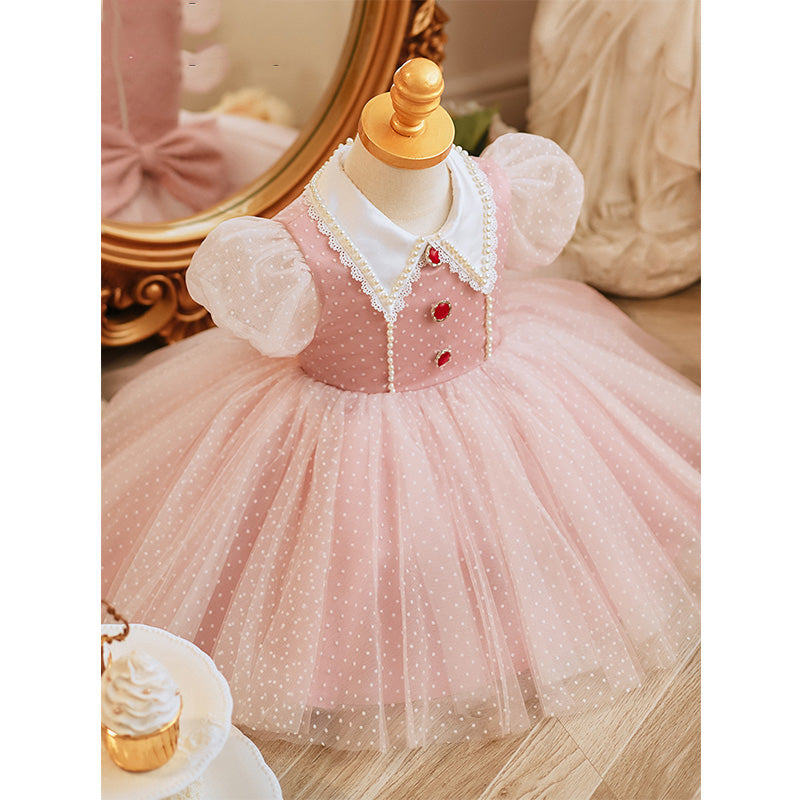 Pink A-Line Flower Girl Dress - Collared, Polka Dot Tulle