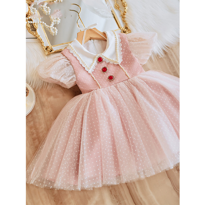 Pink A-Line Flower Girl Dress - Collared, Polka Dot Tulle