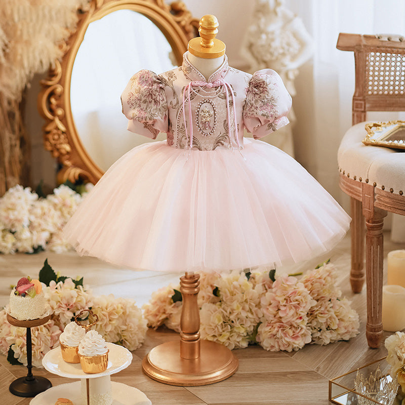 Pink A-Line Flower Girl Dress - Floral Satin Top, Tulle Skirt