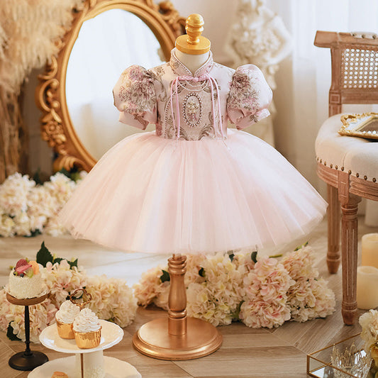 Pink A-Line Flower Girl Dress - Floral Satin Top, Tulle Skirt