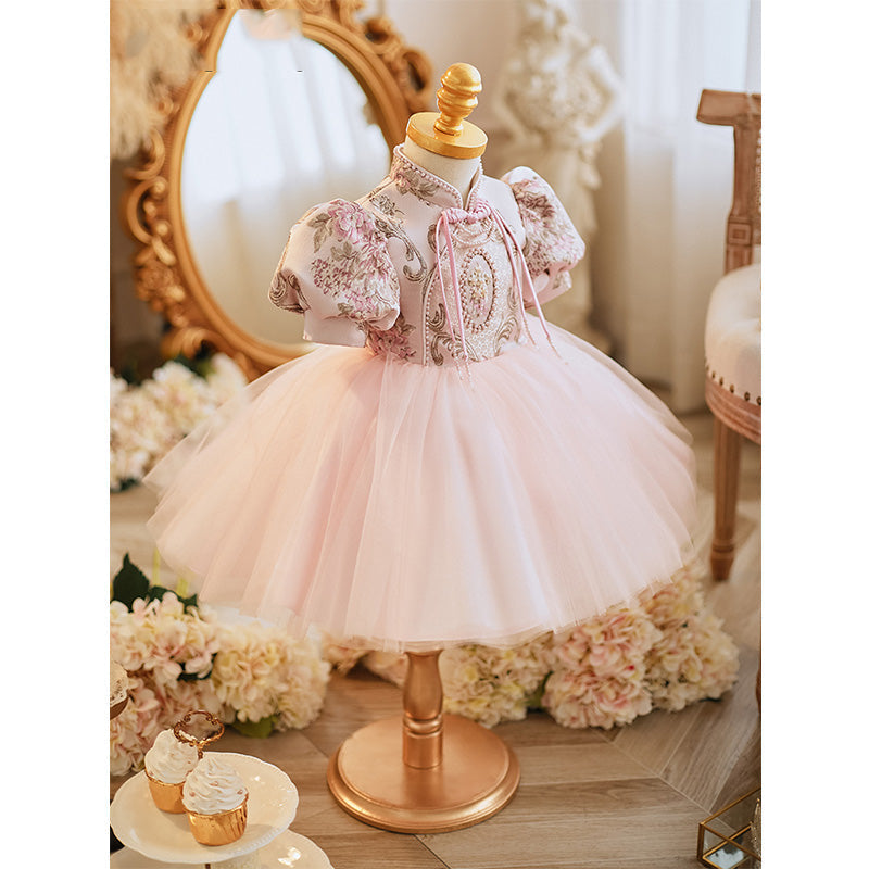 Pink A-Line Flower Girl Dress - Floral Satin Top, Tulle Skirt