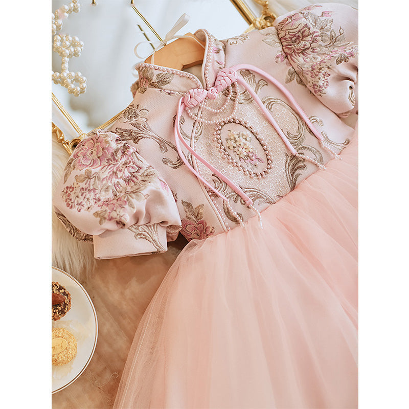 Pink A-Line Flower Girl Dress - Floral Satin Top, Tulle Skirt