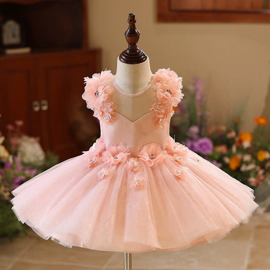 Pink A-Line Flower Girl Dress with Beaded Flowers & Tulle