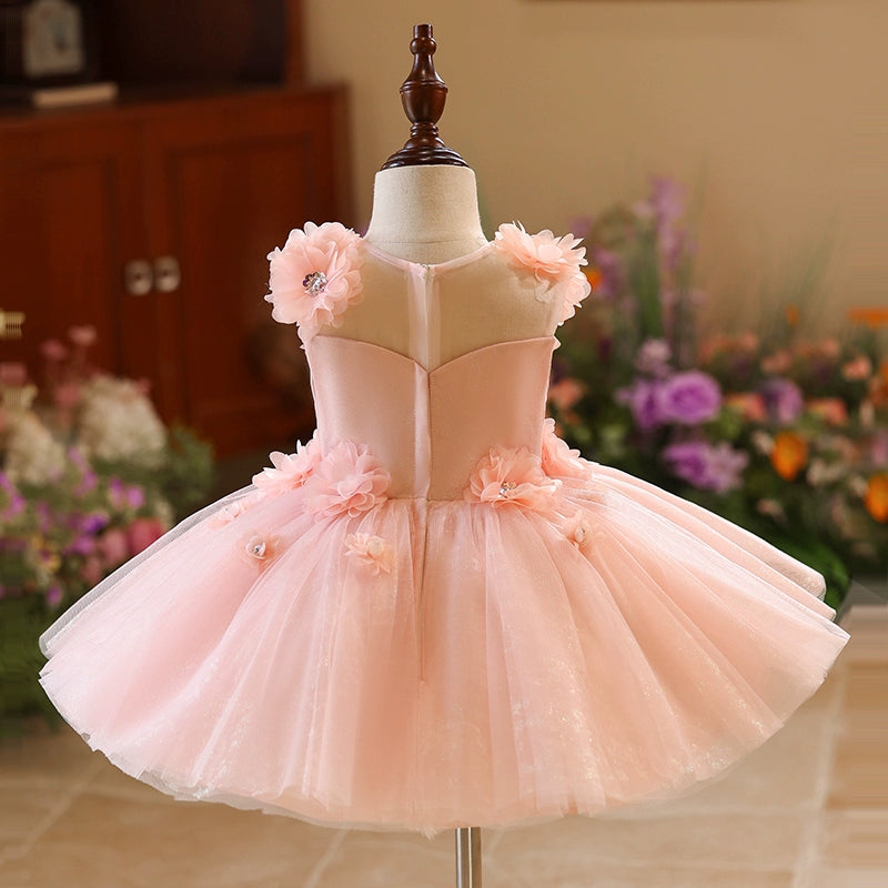 Pink A-Line Flower Girl Dress with Beaded Flowers & Tulle
