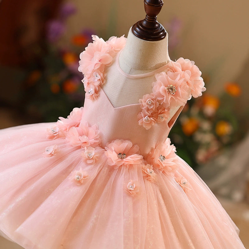 Pink A-Line Flower Girl Dress with Beaded Flowers & Tulle