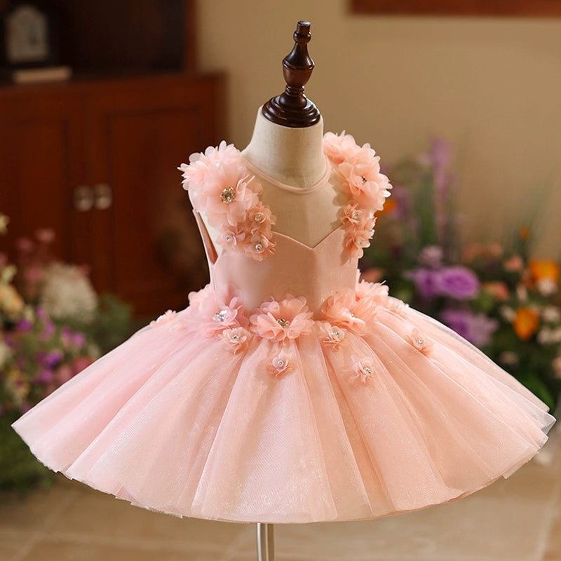 Pink A-Line Flower Girl Dress with Beaded Flowers & Tulle