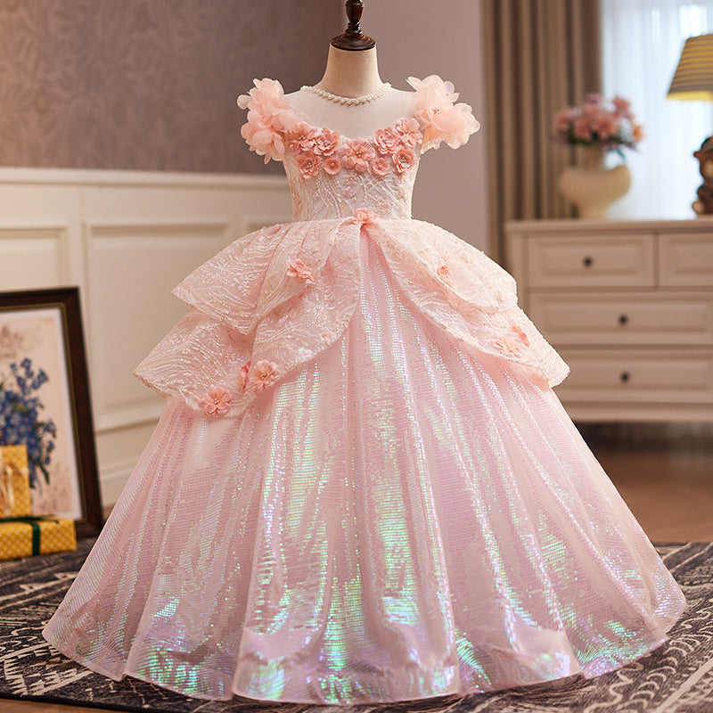 Pink A-Line Flower Girl Dress with Lace Flowers & Cap Sleeves