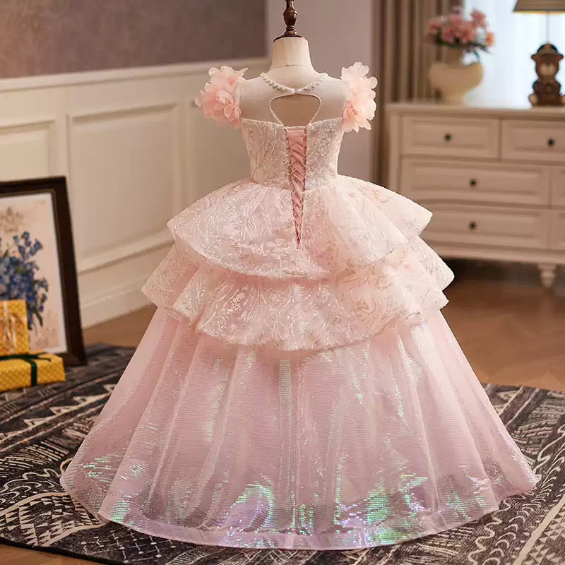 Pink A-Line Flower Girl Dress with Lace Flowers & Cap Sleeves
