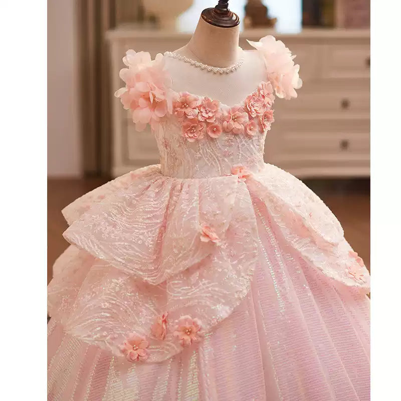 Pink A-Line Flower Girl Dress with Lace Flowers & Cap Sleeves