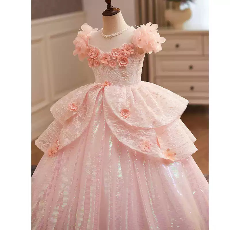 Pink A-Line Flower Girl Dress with Lace Flowers & Cap Sleeves
