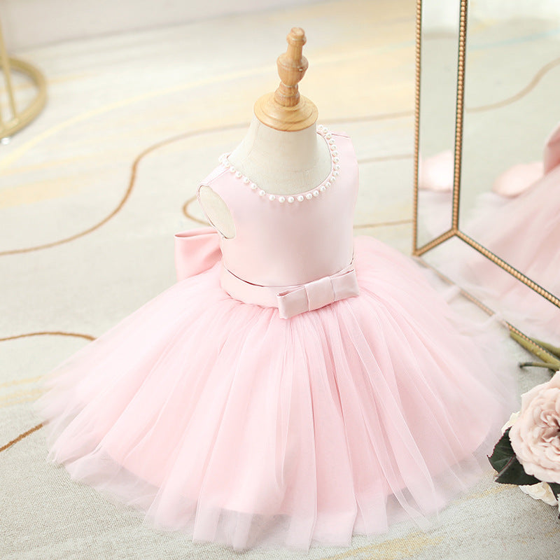 Pink A-line Tea-Length Flower Girl Dress with Bows