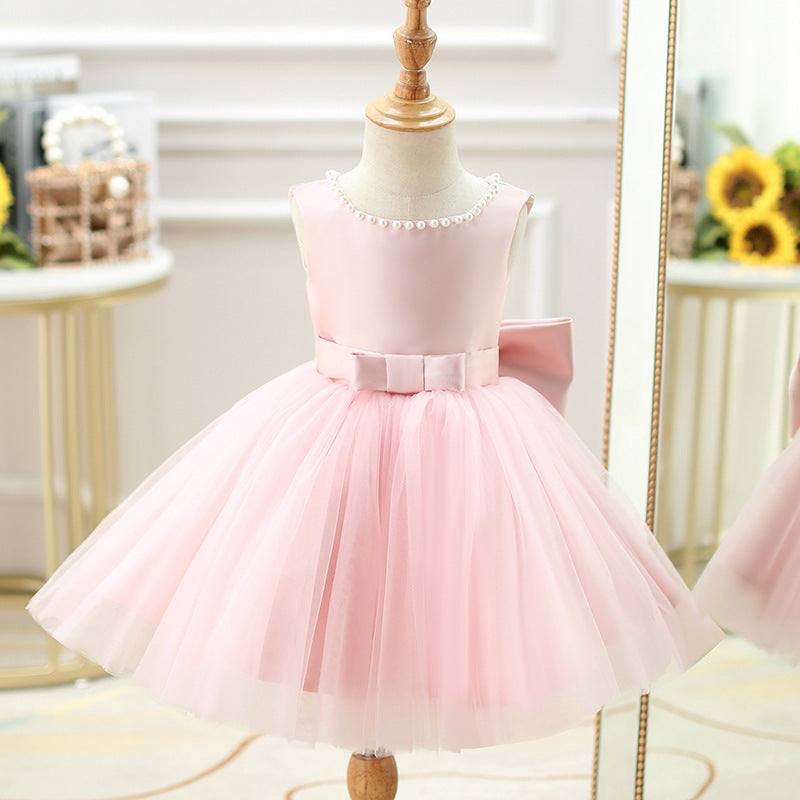 Pink A-line Tea-Length Flower Girl Dress with Bows