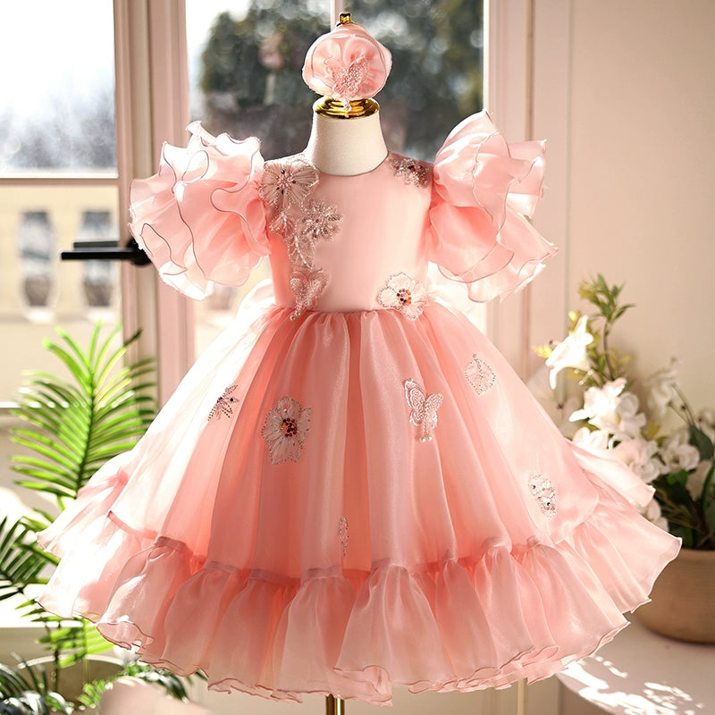 Pink Coral Satin Lace Flower Girl Dress with Bow & Bell Sleeves | Pink / 1-2 Years (90cm) | Mia Princess Pink Coral Satin Lace Flower Girl Dress with Bow & Bell Sleeves | Pink / 1-2 Years (90cm) | Mia Princess