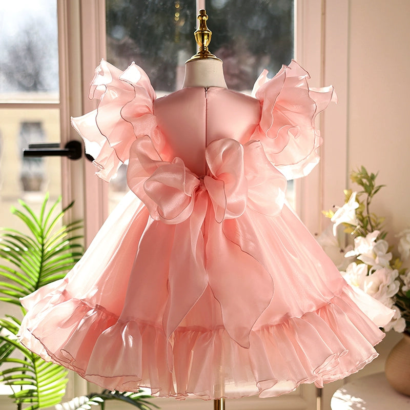 Pink Coral Satin Lace Flower Girl Dress with Bow & Bell Sleeves