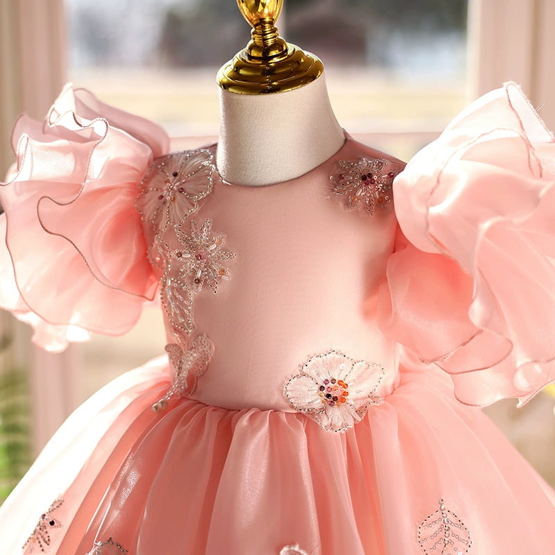 Pink Coral Satin Lace Flower Girl Dress with Bow & Bell Sleeves