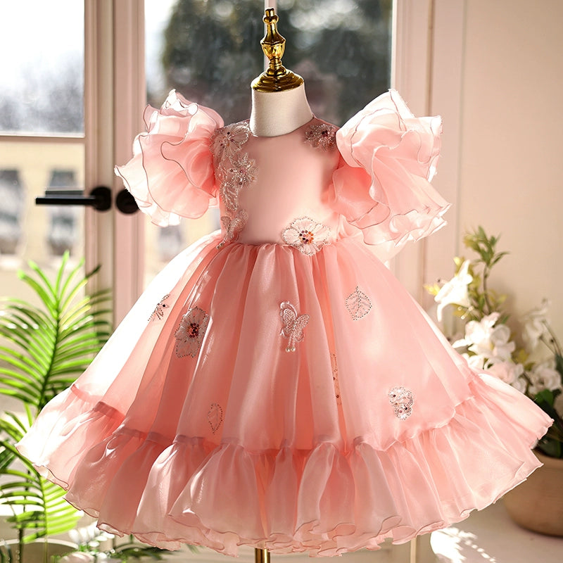 Pink Coral Satin Lace Flower Girl Dress with Bow & Bell Sleeves