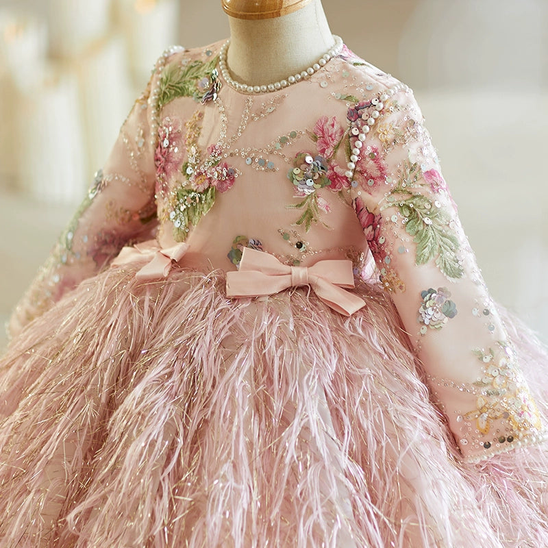 Pink Floral A-Line Flower Girl Dress with Beading & Bow Back