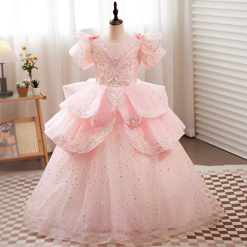 Pink Illusion Princess Dress with Sequins and Beaded Tiered Skirt | Pink / 9-10 Years (150cm) | Mia Princess Pink Illusion Princess Dress with Sequins and Beaded Tiered Skirt | Pink / 9-10 Years (150cm) | Mia Princess
