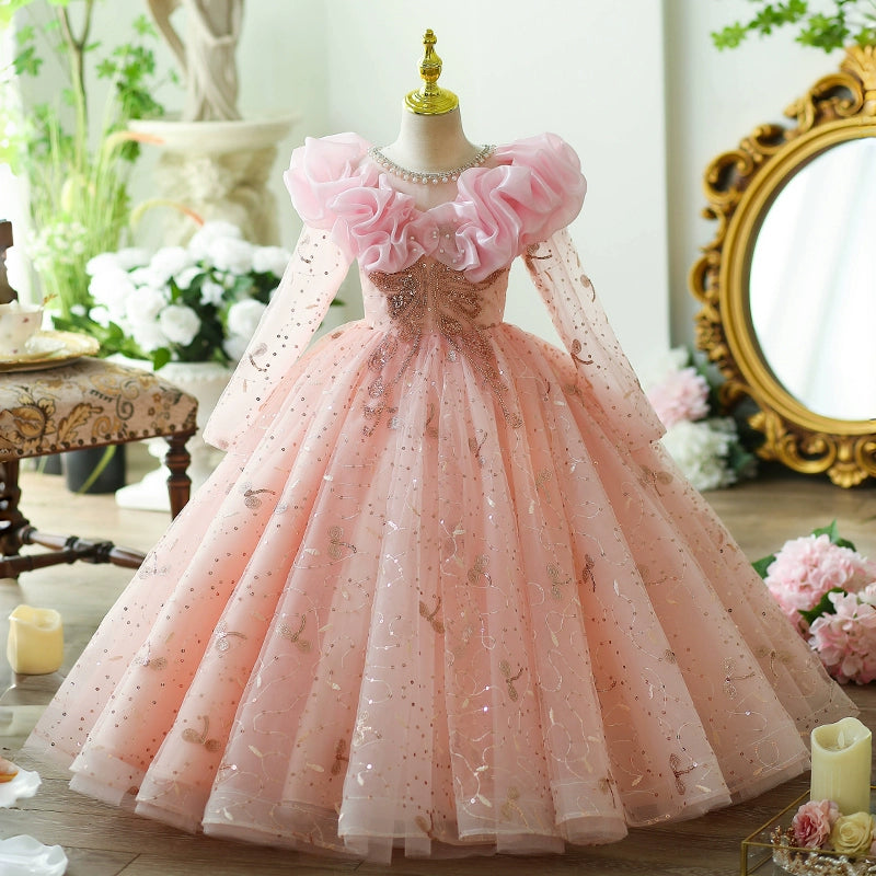 Pink Lace A-Line Flower Girl Dress with Beading & Long Sleeves