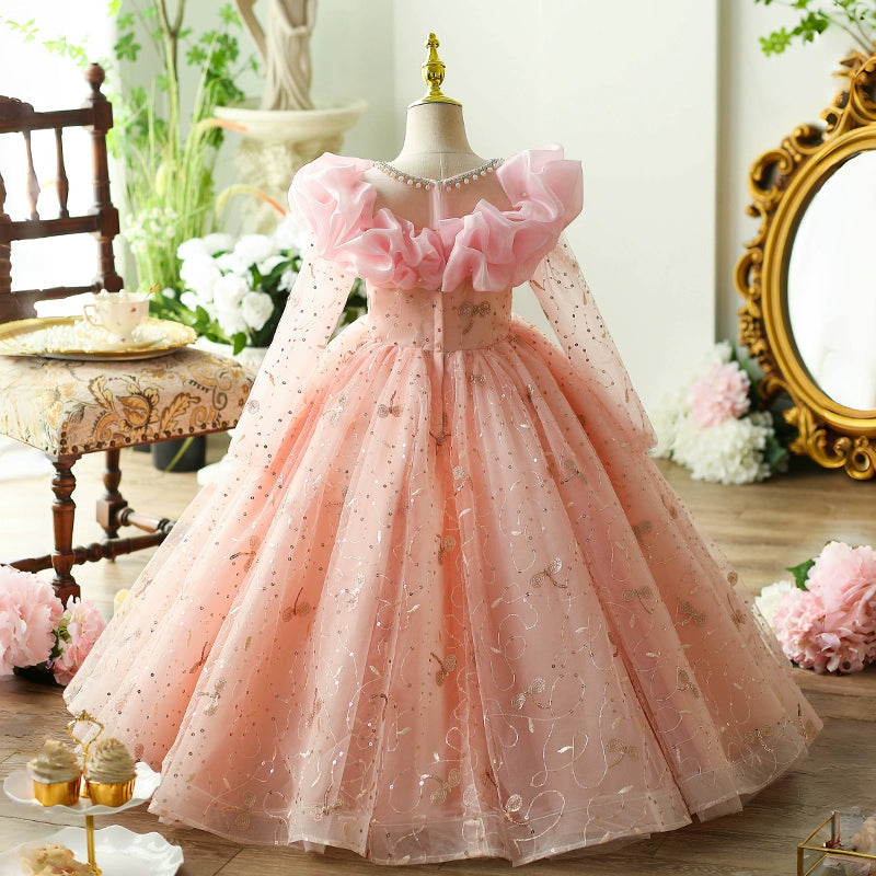 Pink Lace A-Line Flower Girl Dress with Beading & Long Sleeves