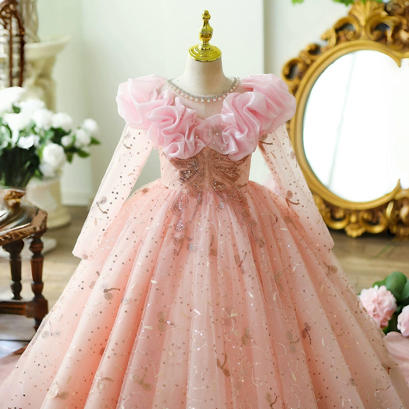 Pink Lace A-Line Flower Girl Dress with Beading & Long Sleeves