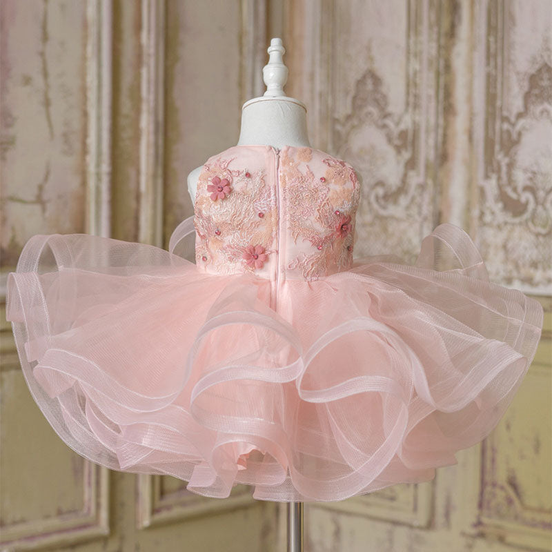 Pink Lace Organza A-Line Flower Girl Dress Sleeveless Tea