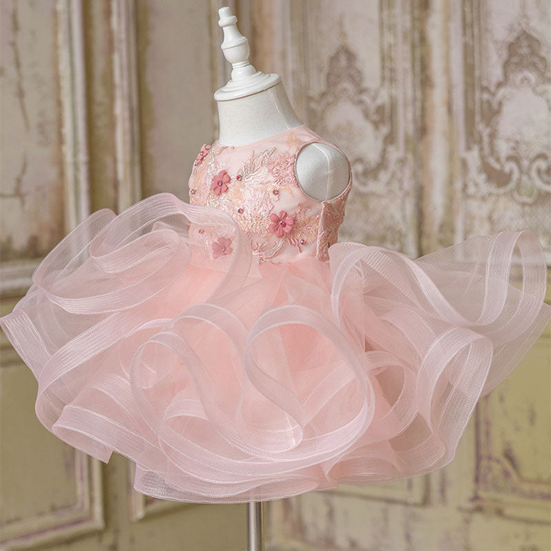 Pink Lace Organza A-Line Flower Girl Dress Sleeveless Tea