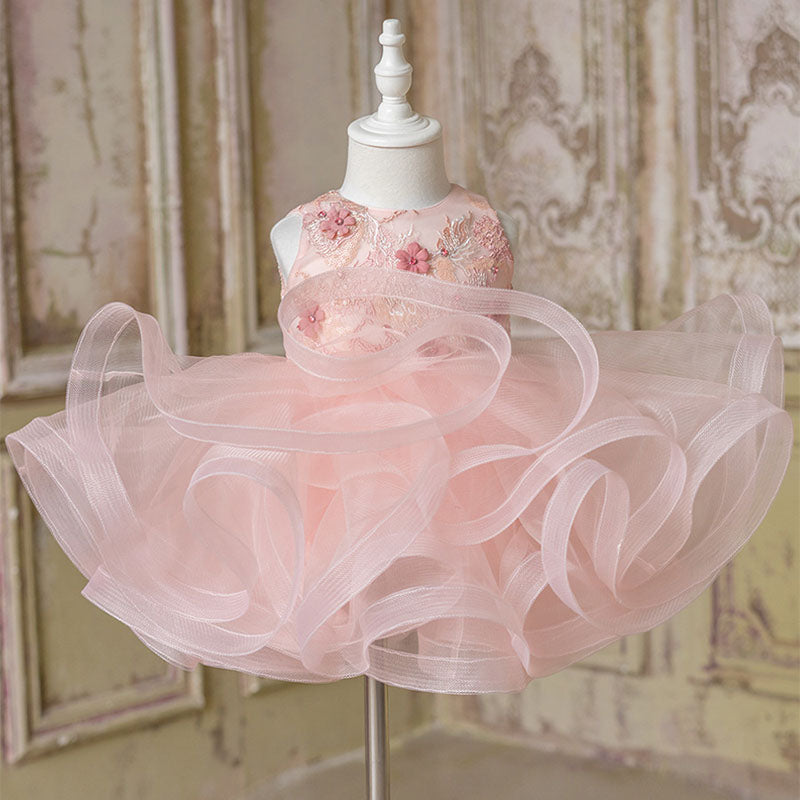 Pink Lace Organza A-Line Flower Girl Dress Sleeveless Tea