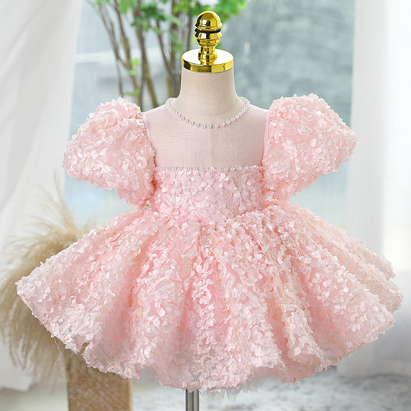 Pink Lace Princess Flower Girl Dress with Floral Puff Sleeves