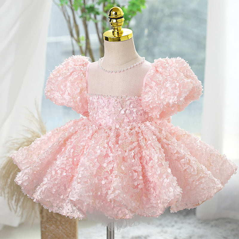Pink Lace Princess Flower Girl Dress with Floral Puff Sleeves