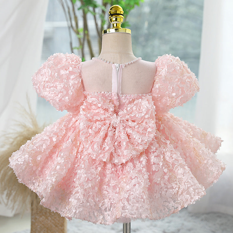 Pink Lace Princess Flower Girl Dress with Floral Puff Sleeves
