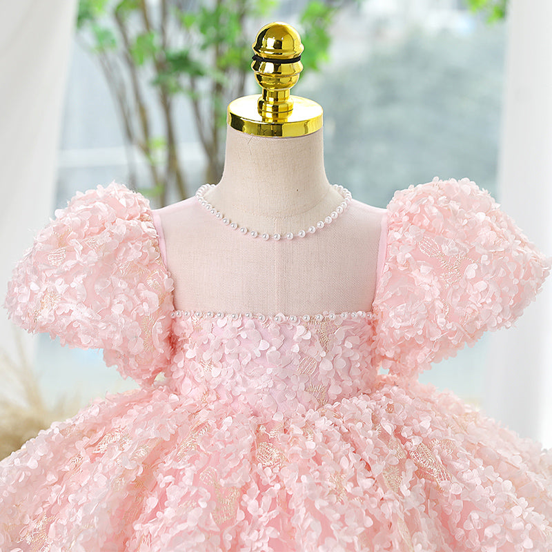 Pink Lace Princess Flower Girl Dress with Floral Puff Sleeves