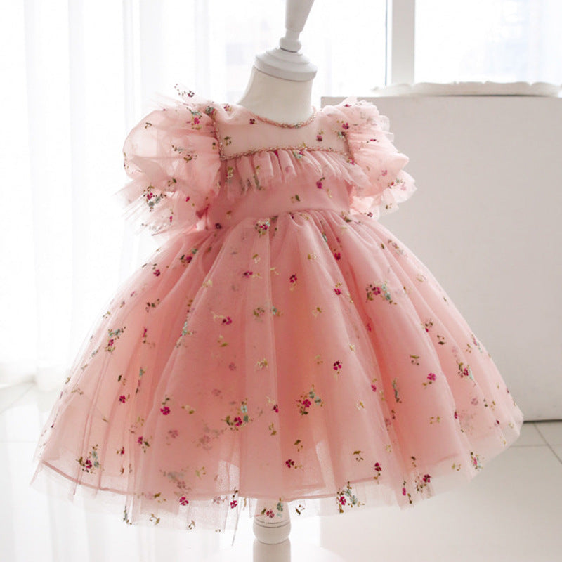 Pink Lace Princess Flower Girl Dress with Puff Sleeves & Bow