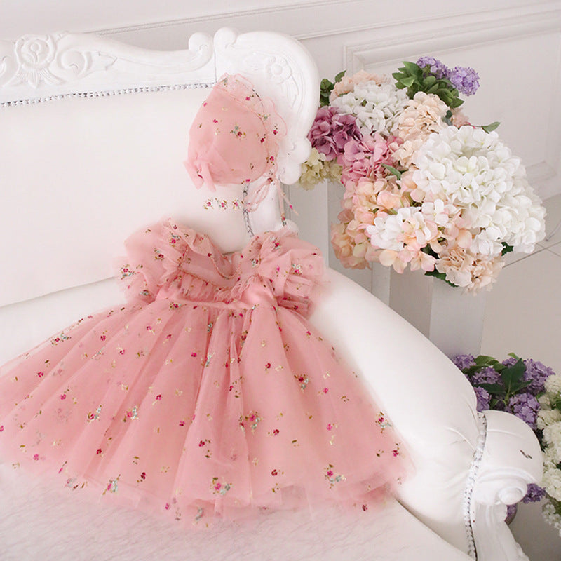 Pink Lace Princess Flower Girl Dress with Puff Sleeves & Bow