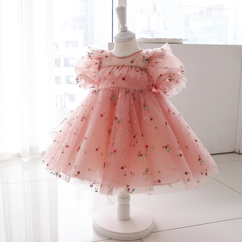 Pink Lace Princess Flower Girl Dress with Puff Sleeves & Bow