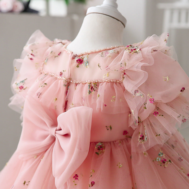 Pink Lace Princess Flower Girl Dress with Puff Sleeves & Bow