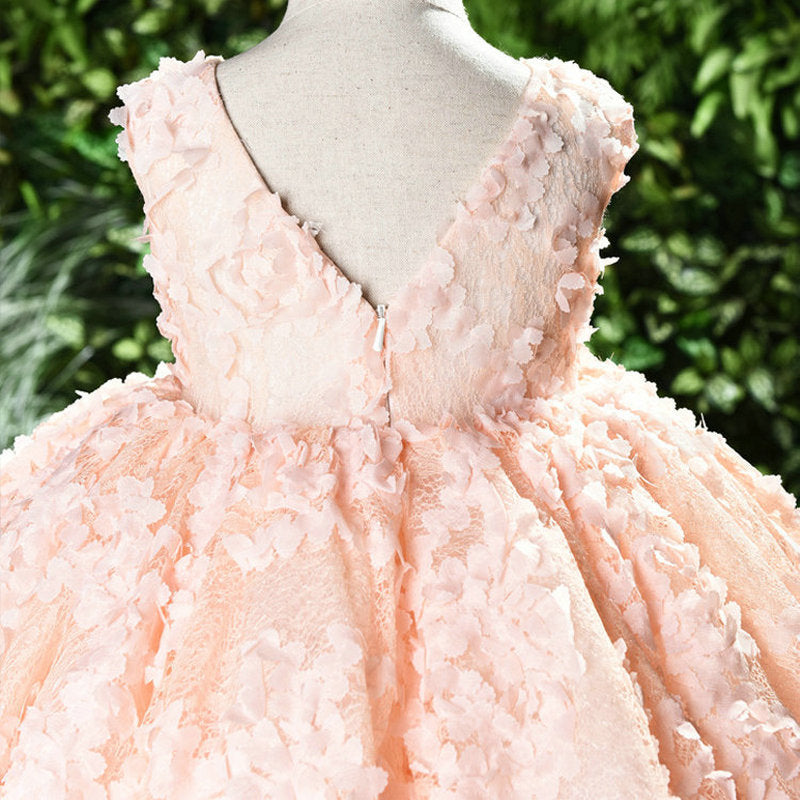 Pink Lace Princess Flower Girl Dress with Ruffle Detail