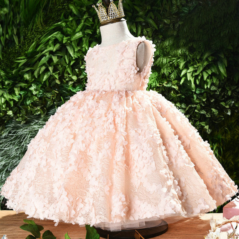 Pink Lace Princess Flower Girl Dress with Ruffle Detail