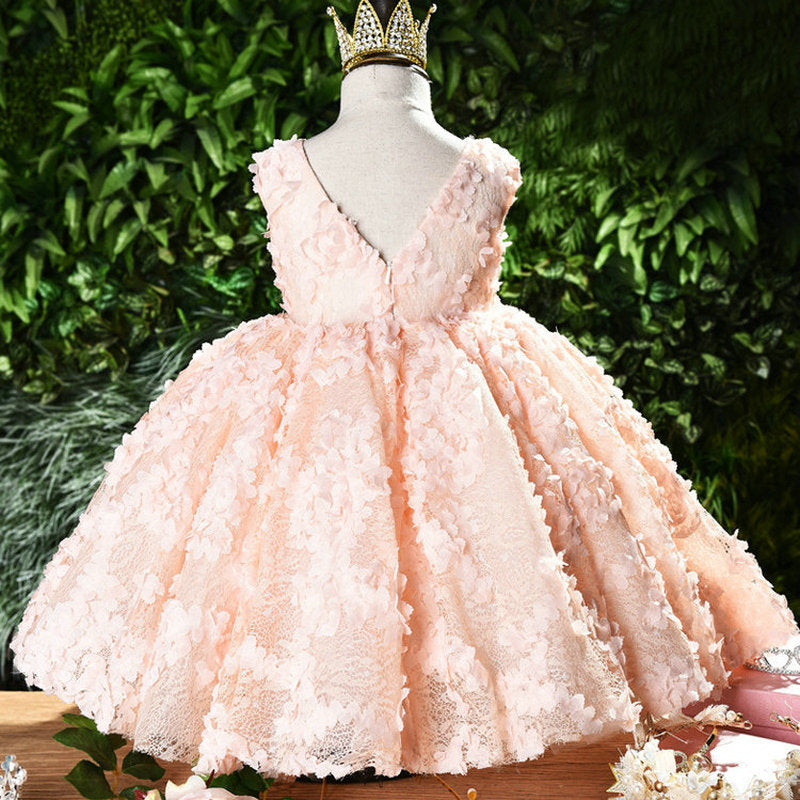 Pink Lace Princess Flower Girl Dress with Ruffle Detail
