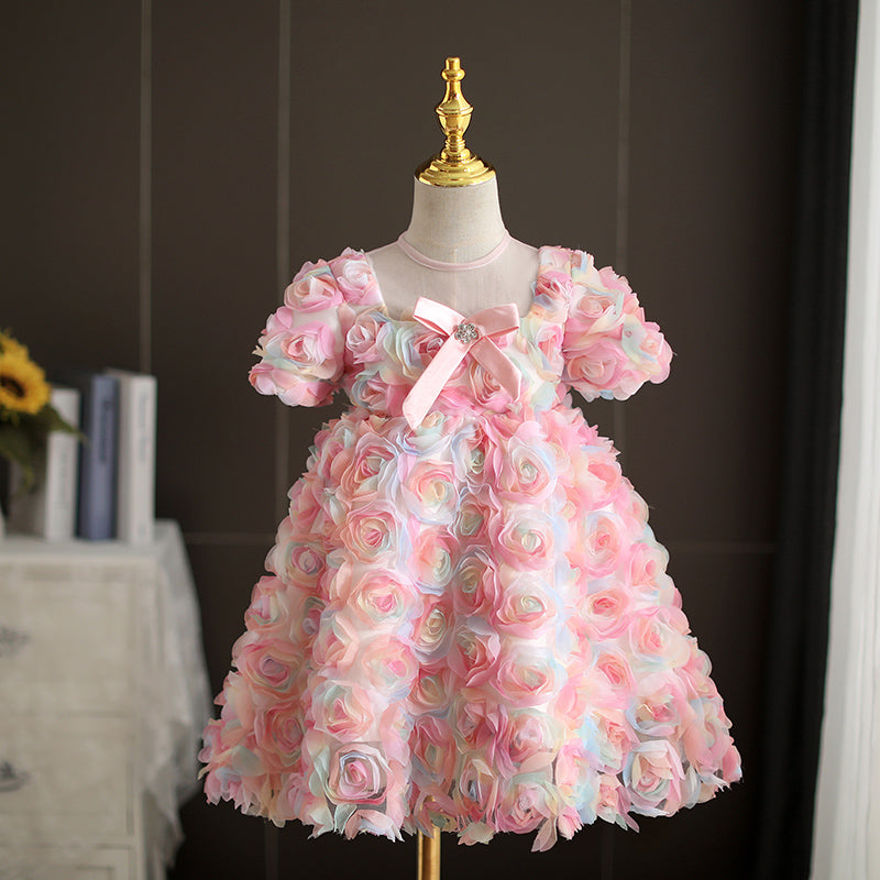 Pink Lace Tulle A-Line Flower Girl Dress Short Puff Sleeve