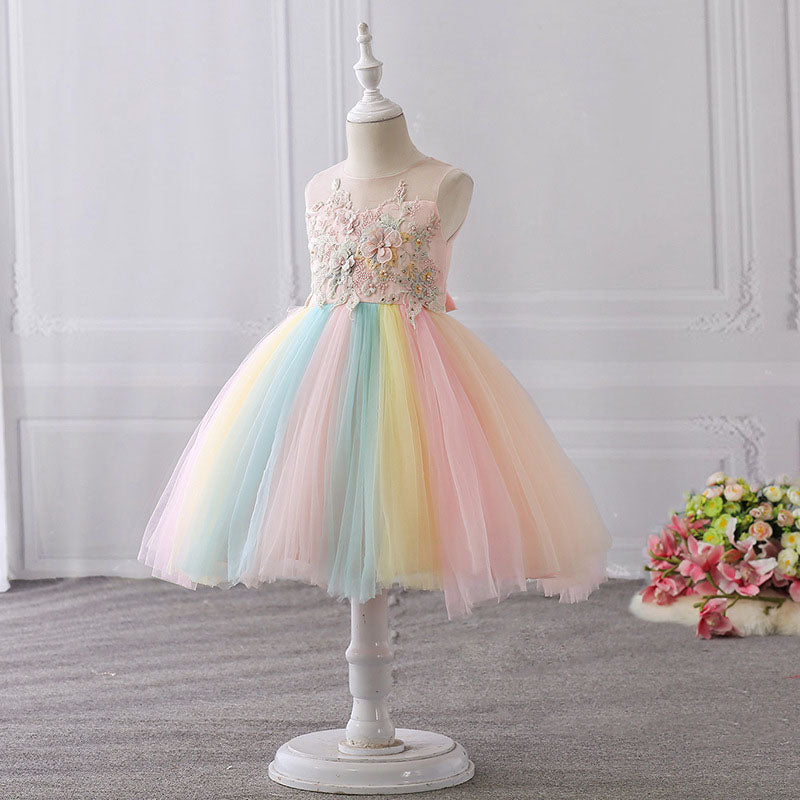 Pink Lace Tulle A-Line Flower Girl Dress Sleeveless Tea
