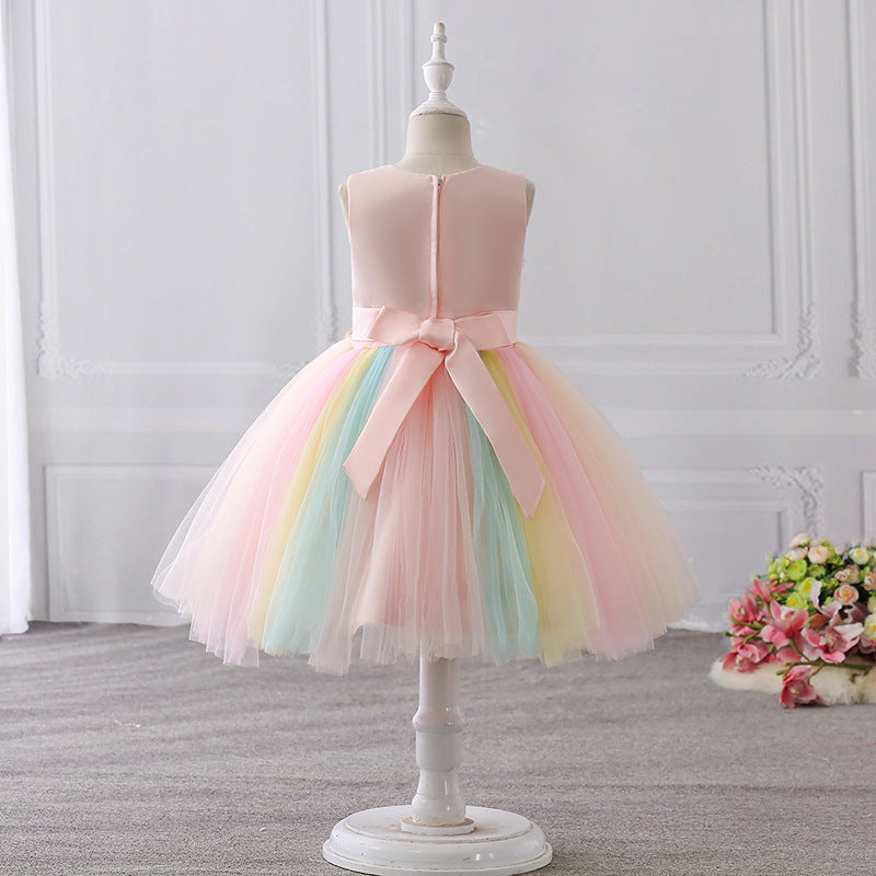 Pink Lace Tulle A-Line Flower Girl Dress Sleeveless Tea