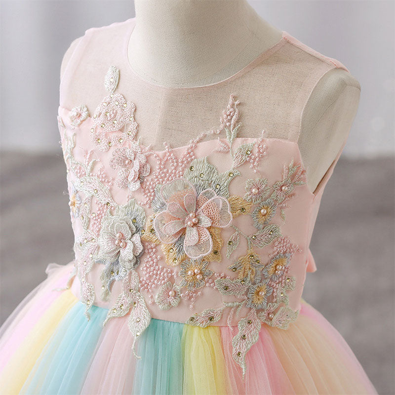 Pink Lace Tulle A-Line Flower Girl Dress Sleeveless Tea